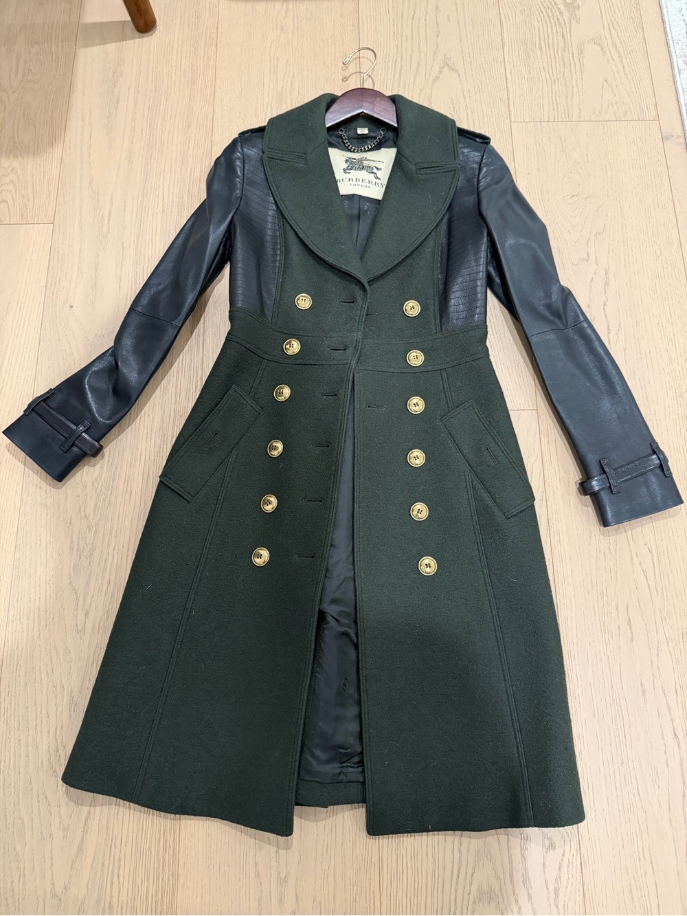 Burberry Prorsum Double-Breasted Wool & Leather Trench Coat in Dark Green